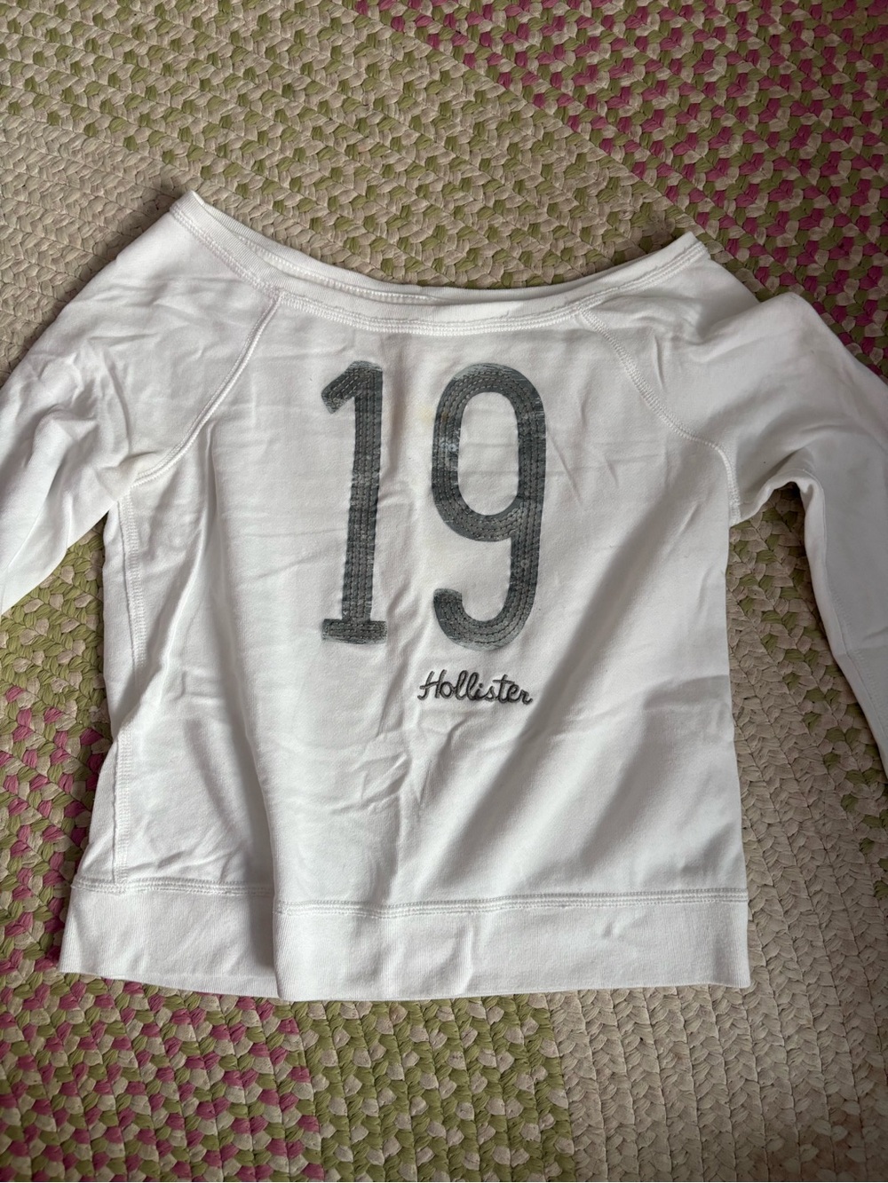 Hollister White Long Sleeve Graphic Top with Gray '19'